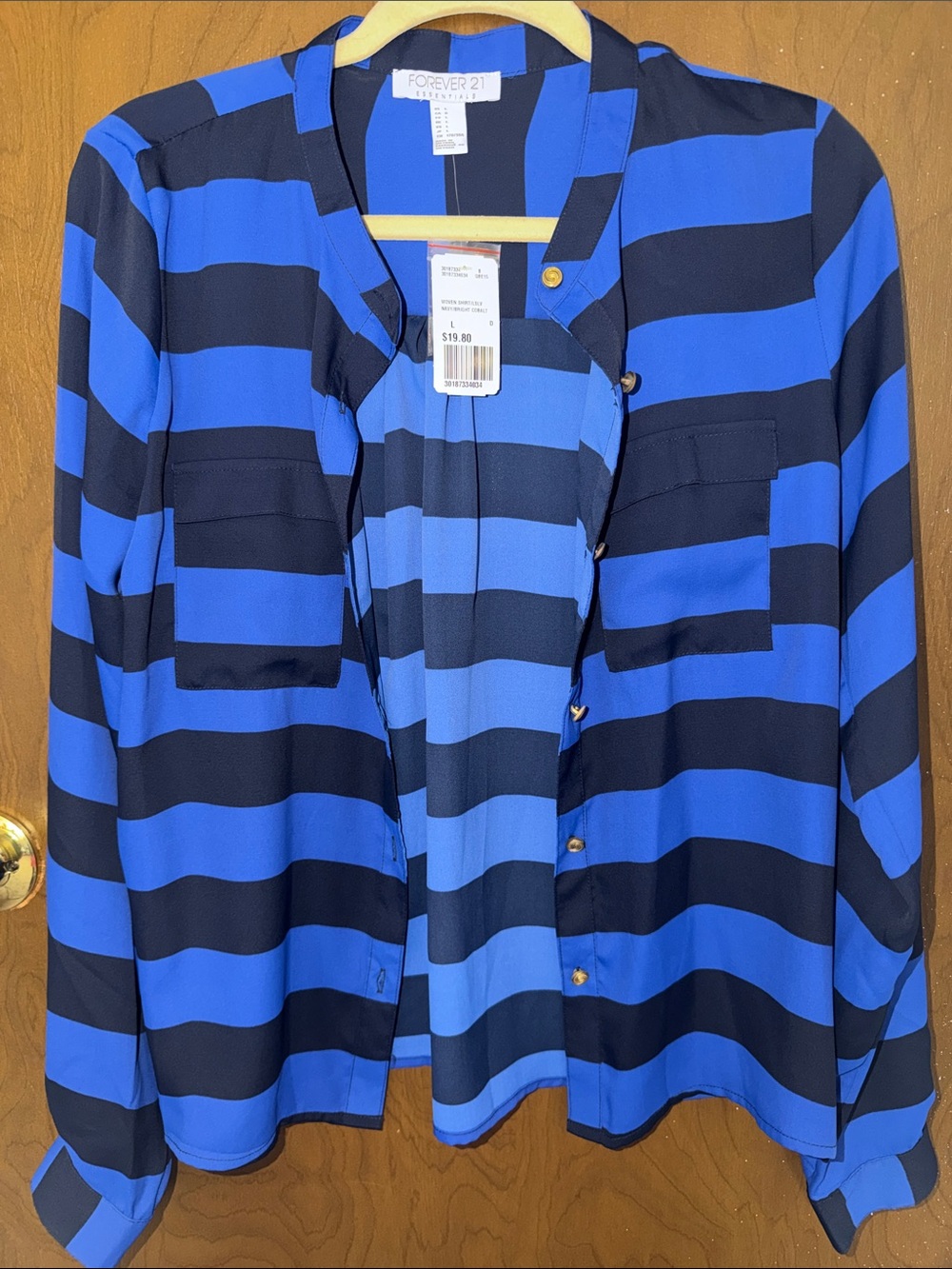 Forever 21 Cobalt Blue Navy Striped Button Down Blouse Large NWT